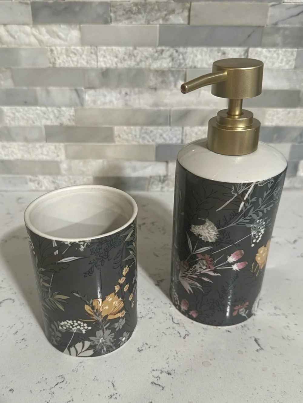 Floral Ceramic Bath Accessory Set in Charcoal - Brand: Kassatex
